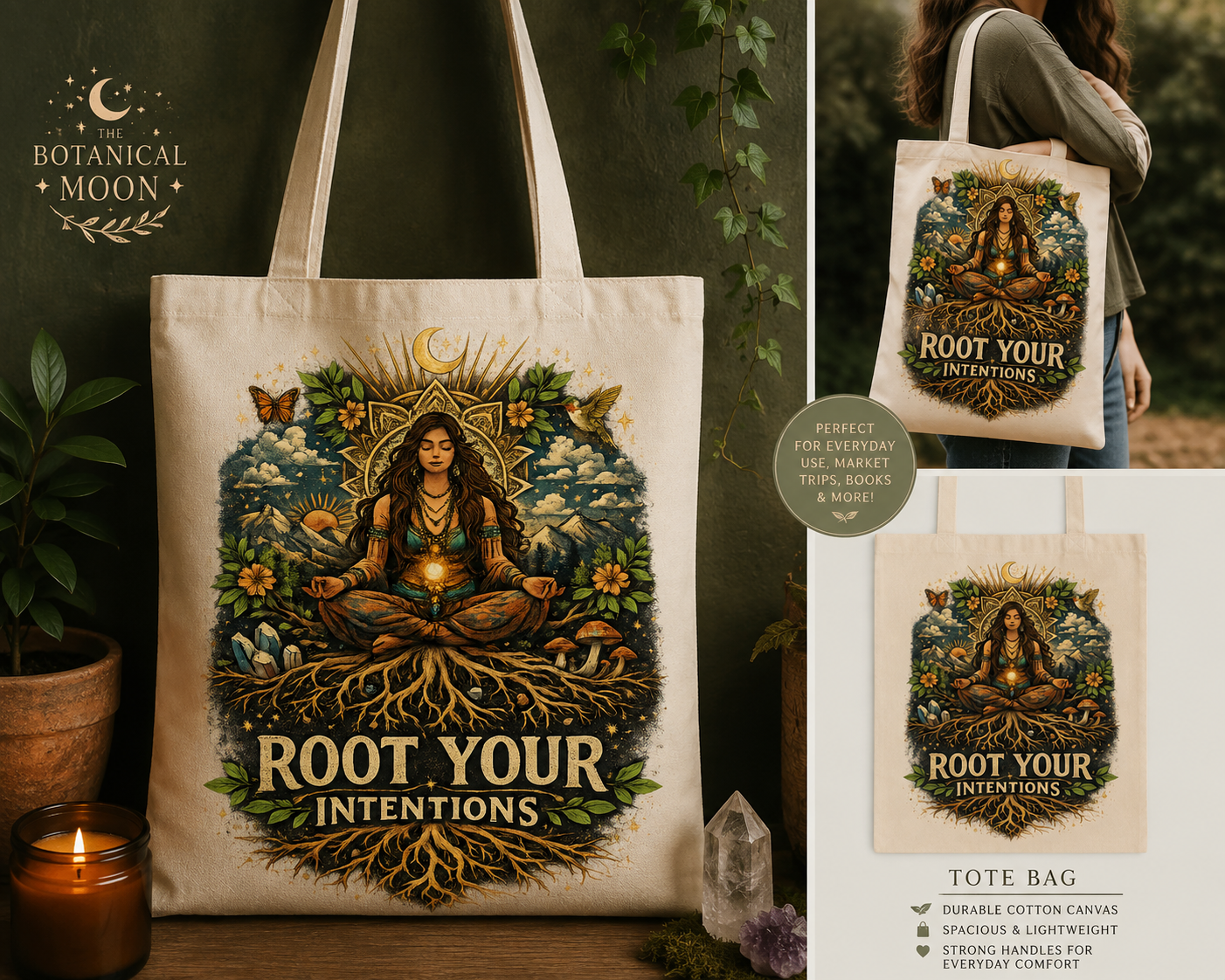 Root Your Intentions Tote Bag | Botanical Moon Goddess Canvas Bag | Spiritual Nature Tote | Intentional Living Gift