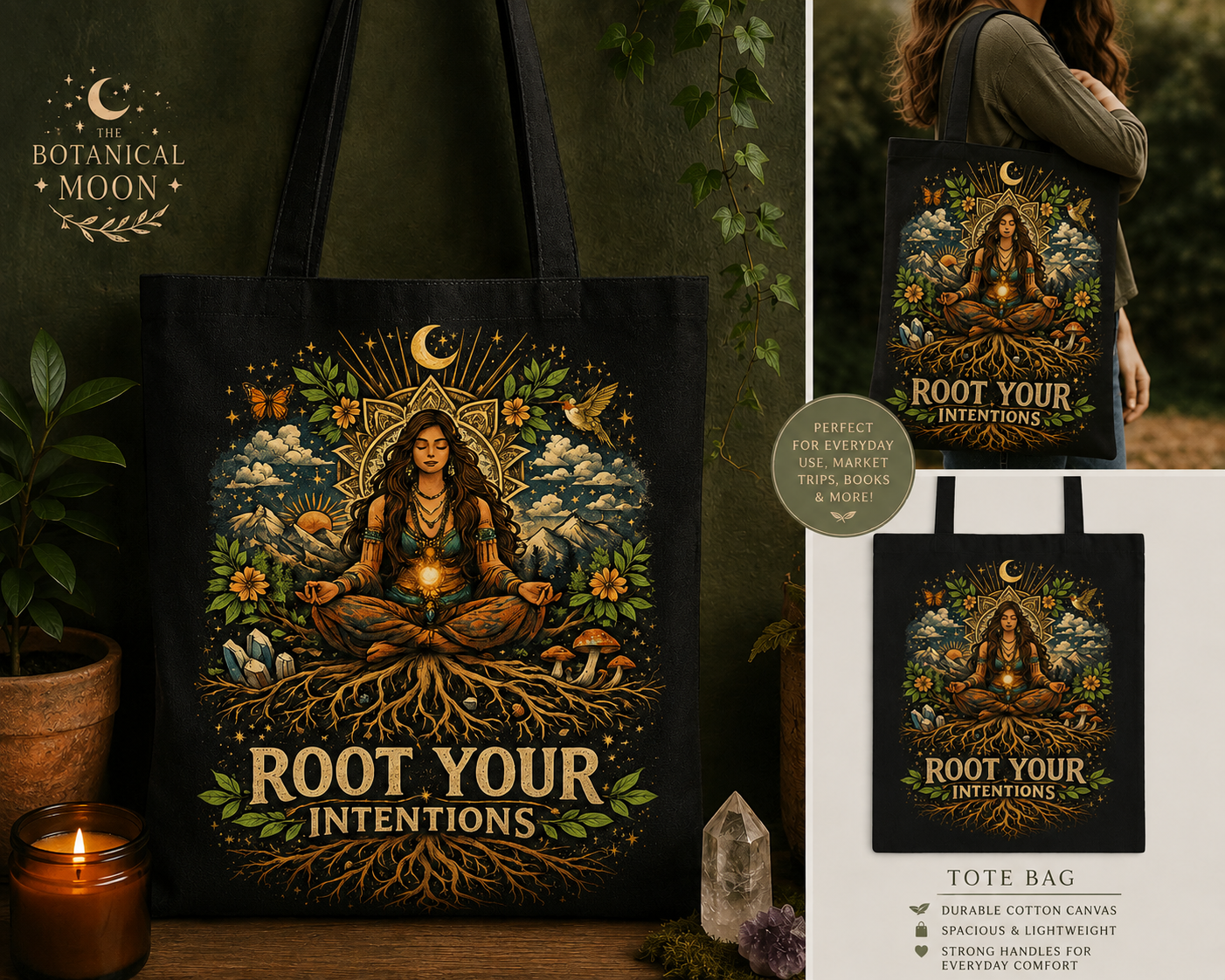 Root Your Intentions Tote Bag | Botanical Moon Goddess Canvas Bag | Spiritual Nature Tote | Intentional Living Gift